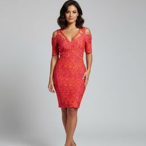 Lerouge Orange Pink Geo Print Cold Shoulder Bandage Dress Size Medium NWT